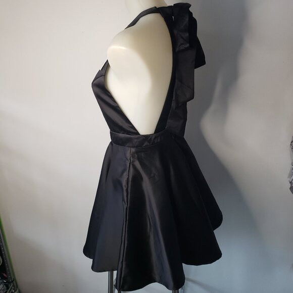 Shiny Black Satin Commense Flare Skirt Dress w Apron Front + Neck Ribbon - Picture 4 of 16